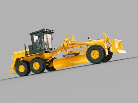 Modern three-axle road grader on a gray background