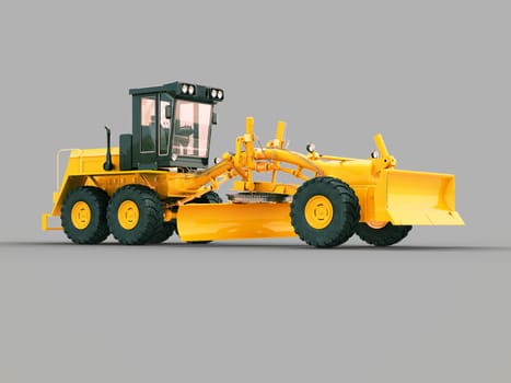 Modern three-axle road grader on a gray background