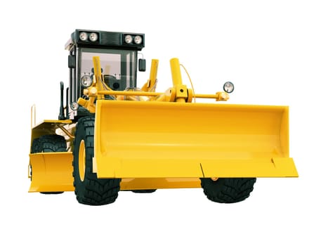Modern three-axle road grader isolated on a white background