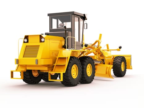 Modern three-axle road grader on a light background