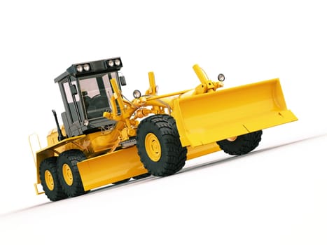 Modern three-axle road grader on a light background
