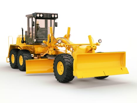 Modern three-axle road grader on a light background