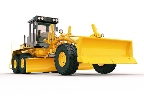 Modern three-axle road grader on a light background