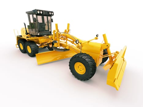 Modern three-axle road grader on a light background