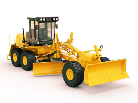 Modern three-axle road grader on a light background