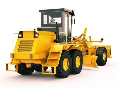 Modern three-axle road grader on a light background