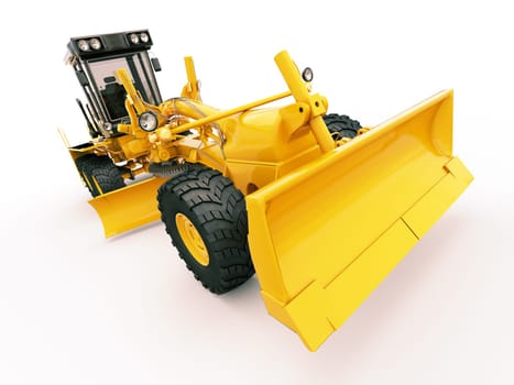 Modern three-axle road grader on a light background