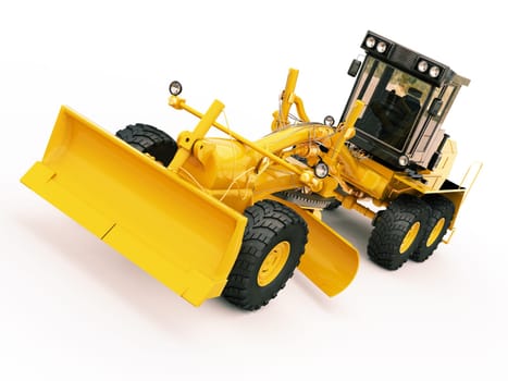 Modern three-axle road grader on a light background