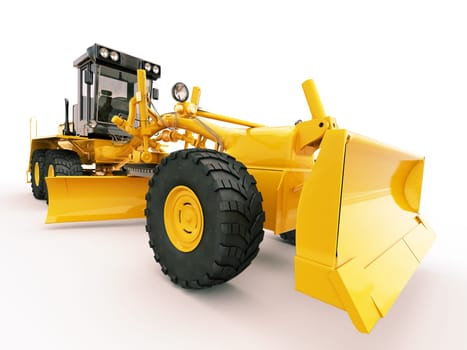 Modern three-axle road grader on a light background