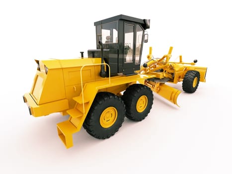 Modern three-axle road grader on a light background