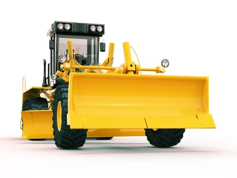 Modern three-axle road grader on a light background