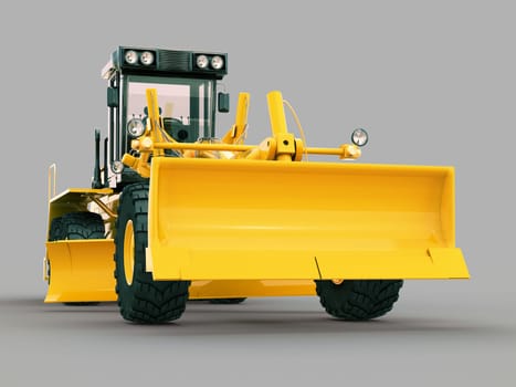 Modern three-axle road grader on a gray background