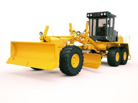 Modern three-axle road grader on a light background