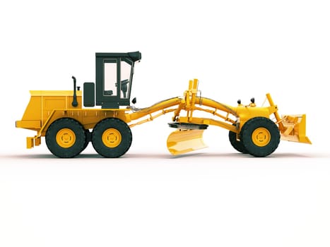 Modern three-axle road grader on a light background