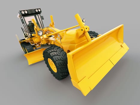 Modern three-axle road grader on a gray background