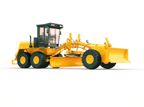 Modern three-axle road grader on a light background