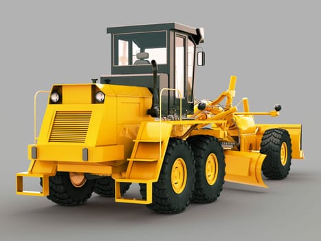 Modern three-axle road grader on a gray background