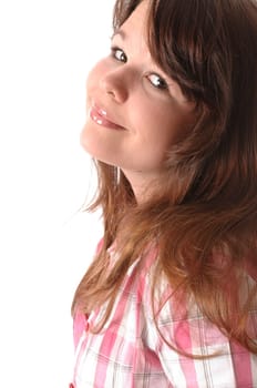 Teenage girl with long dark hair smiles into the camera against a white background.