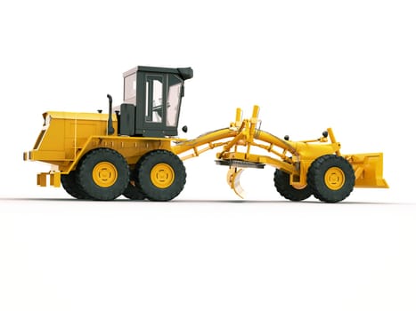 Modern three-axle road grader on a light background