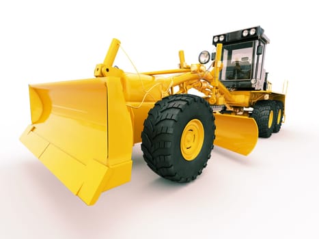 Modern three-axle road grader on a light background