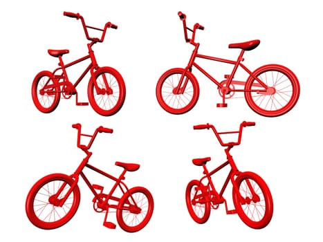 Computer-generated 3D illustration with red bicycles on white background
