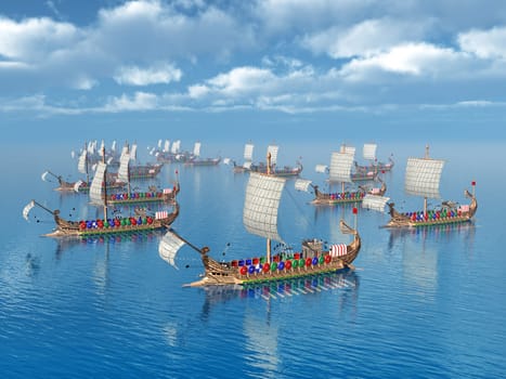 Computer-generated 3D illustration with oars-driven warships from ancient Rome