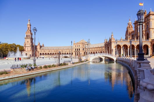 Water Canal on Plaza de Espana - Spanish Square in Seville, Andalusia, Spain