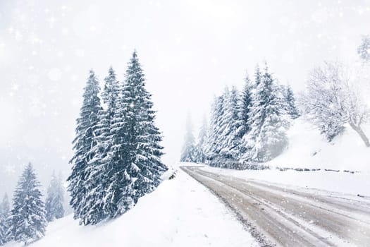 Snow cowered winter road in the mountains