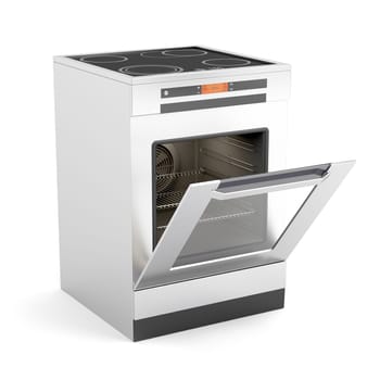 Modern electric stove with opened door on white background