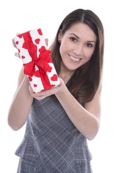 Young laughing woman isolated with a gift with hearts in red in hand