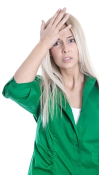 Young blonde shocked woman - forgetfulness - isolated in green blouse