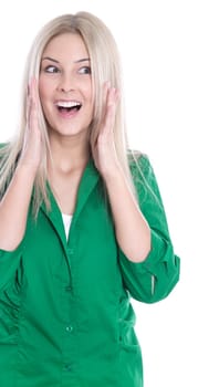 Young happy laughing woman exposed in green blouse and blond hair