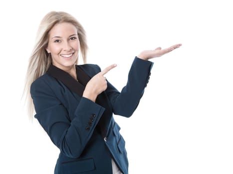 Businesswoman in sales isolated points with the finger