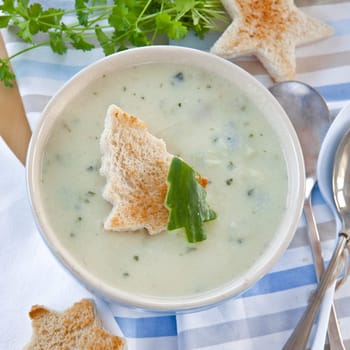 Creamy vegetable soup with cucumber and toasted white bread
