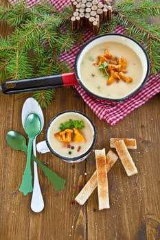 Creamy mushroom soup in cup with fresh chanterelles