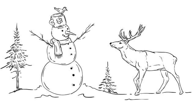 vector - snowman and deer at winter time