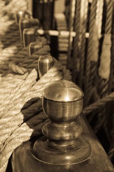 Blocks and rigging at the old sailboat, close-up