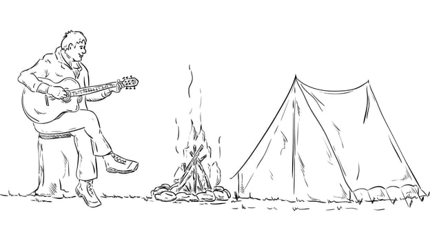 vector - Scout plays guitar on a tree stump in the camp