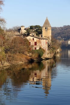 Details of the ile Barbe who is an island in the middle of the Saone at Lyon in France.