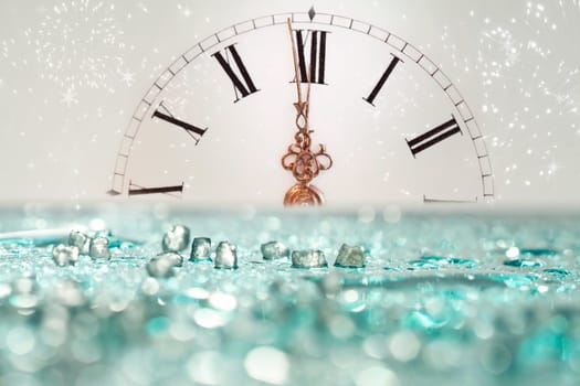 Old clock with stars snowflakes and holiday lights