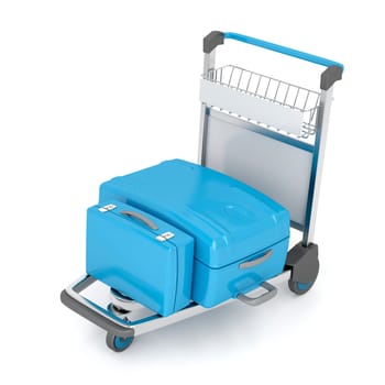 Airport trolley with blue suitcases on white background