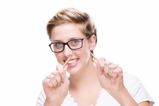 Young blonde woman with broken pencil