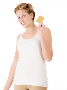 Happy blonde woman with golden credit card