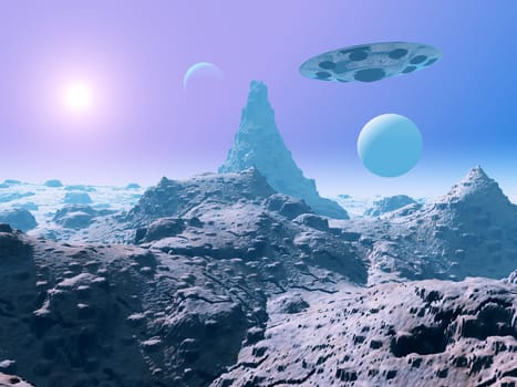 Computer-generated 3D illustration with a spaceship in an unknown world