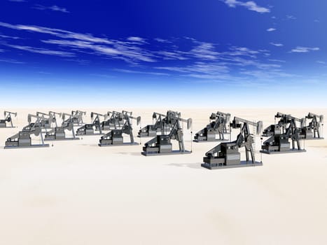 Computer-generated 3D illustration with oil pumps in a desert