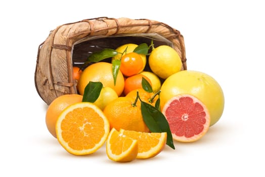 Ripe citrus with a green leaf on a white background