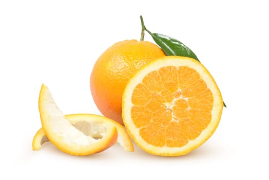 Ripe citrus with a green leaf on a white background