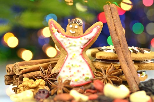 christmas spices, nuts, cookies and dried fruits on bokeh background