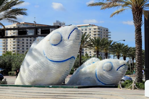 FORT LAUDERDALE, FLORIDA - FEBRUARY 3: Two large white and blue public fish sculptures made from plastic drinking water bottles near Las Olas on A1A on February 3, 2013 in Ft Lauderdale, Florida.