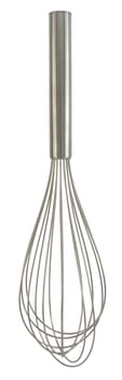 Stainless steel whisk isolated on white background.